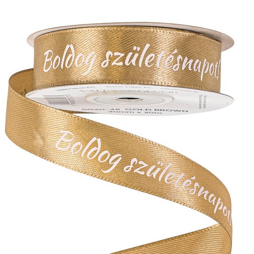 "Boldog Születésnapot!" feliratos szatén szalag 20mm x 20m - Aranybarna