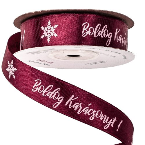 "Boldog Karácsonyt!" feliratos szatén szalag 20mm x 20m - Burgundi