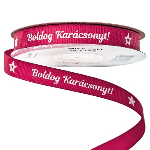 "Boldog Karácsonyt!" feliratos ripsz szalag 12mm x 20m - Burgundi