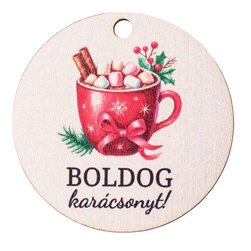 4db. "Boldog karácsonyt!" feliratos, forrócsokis fa táblácska, 6cm