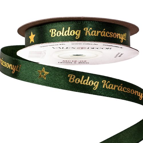 Fényes arany "Boldog Karácsonyt!" feliratos szatén szalag 12mm x 20m - Sötétzöld