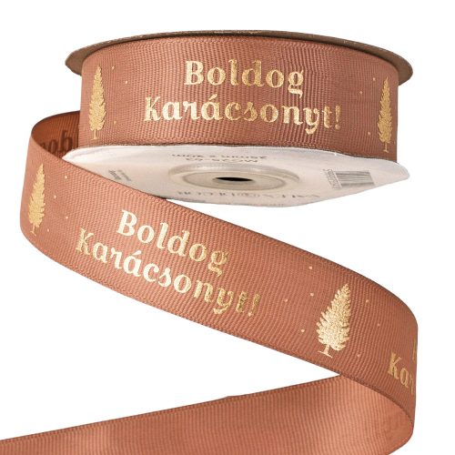 "Boldog Karácsonyt!" feliratos ripsz szalag 25mm x 20m - Púder barna