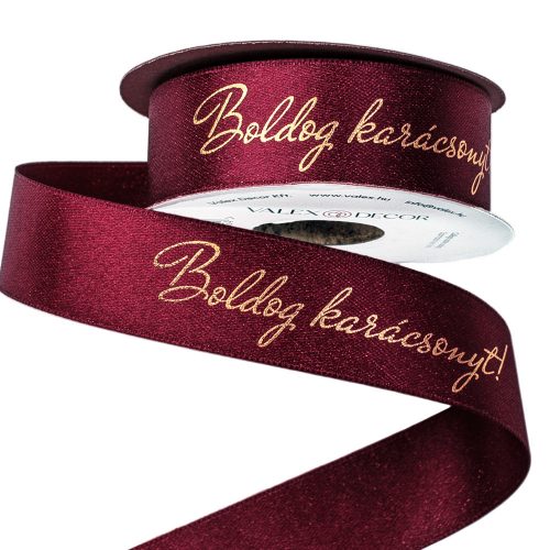 "Boldog karácsonyt!" feliratos csillogó szatén szalag 25mm x 10m - Wine red